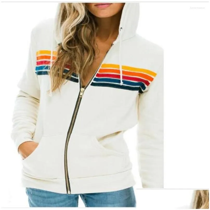 zipup jacket women rainbow stripe splicing hoodies long sleeve casual slim hooded sweatshirts autumn fashion europeusa style