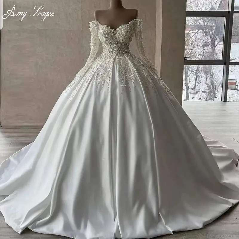 Partykleider AmyLvager Romantisches Schatz-Ausschnitt-Schnür-Ballkleid-Hochzeitskleid 2023 Luxus-Perlen-Applikationen Langarm-Prinzessin-Brautkleid 230306