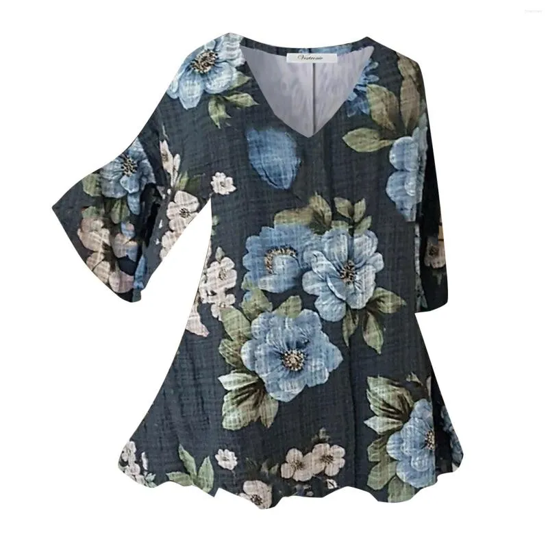 Chemisier décontracté à manches courtes pour femmes, Vintage, en coton et lin, hauts d'été, imprimé Floral, col en V, tunique ample