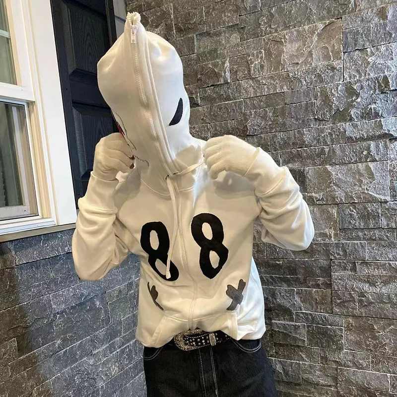 Men's Hoodies Sweatshirts Zip Up 88 letter Print Y2K Harajuku Cardigan Coat Aesthetics Jacket Punk Style Hip Hop Long Sleeve Oversized Hooded Goth 230306