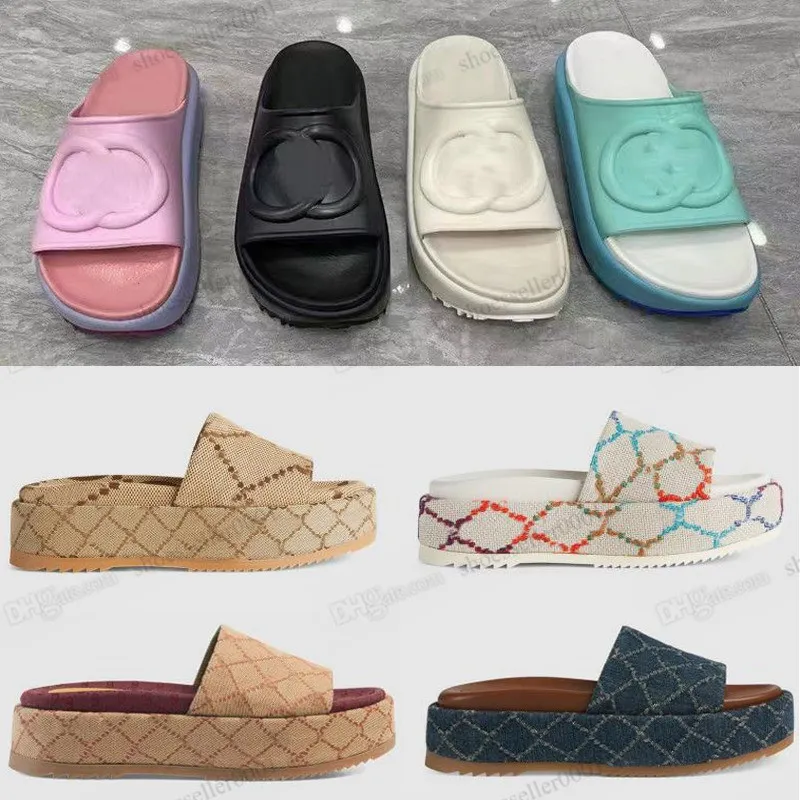Designer Platform Slide Women Sandaler broderade tofflor Casual Shoes Luxury Plat Tjock Bottom Printed Jelly Rubber Läderstrandstrand Damer High Heel