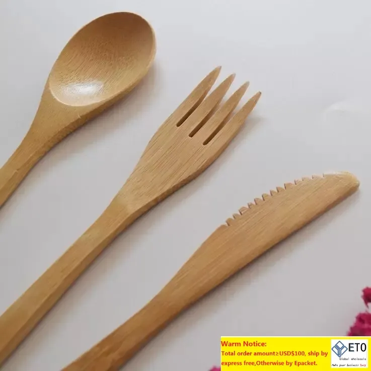 Natural Bamboo Cutlery Set Bambu Knife Fork Spoon Modervist Uppsättning Tygpåse Förpackning Travel Portable Flatware Student Tabeller