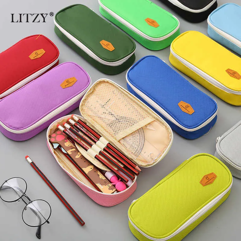 Pencil Bags Solid Color Pencil Case Large Capacity Zipper Pen Bag Pen Box Canvas PencilCase for School Stationery Supplies Student Girl Gift J230306