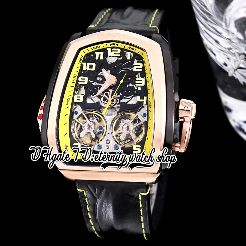 BZF Twin Turbo Montre Homme JCFM05 Twin Tourbillon Automatique Lunette Or Rose DLC Boîtier Noir Cadran Jaune Marqueurs Chiffres Bracelet Cuir Super Edition Eternity Montres