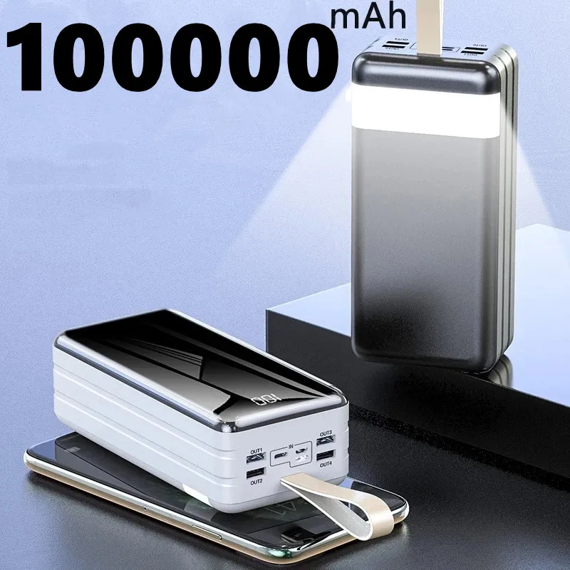 Power Banks 100000mAh Portable Charger Inbyggd kablar 4 USB LED Poverbank Extern Battery PowerBank 80000 mAh för iPhone Xiaomi Samsung Huawei