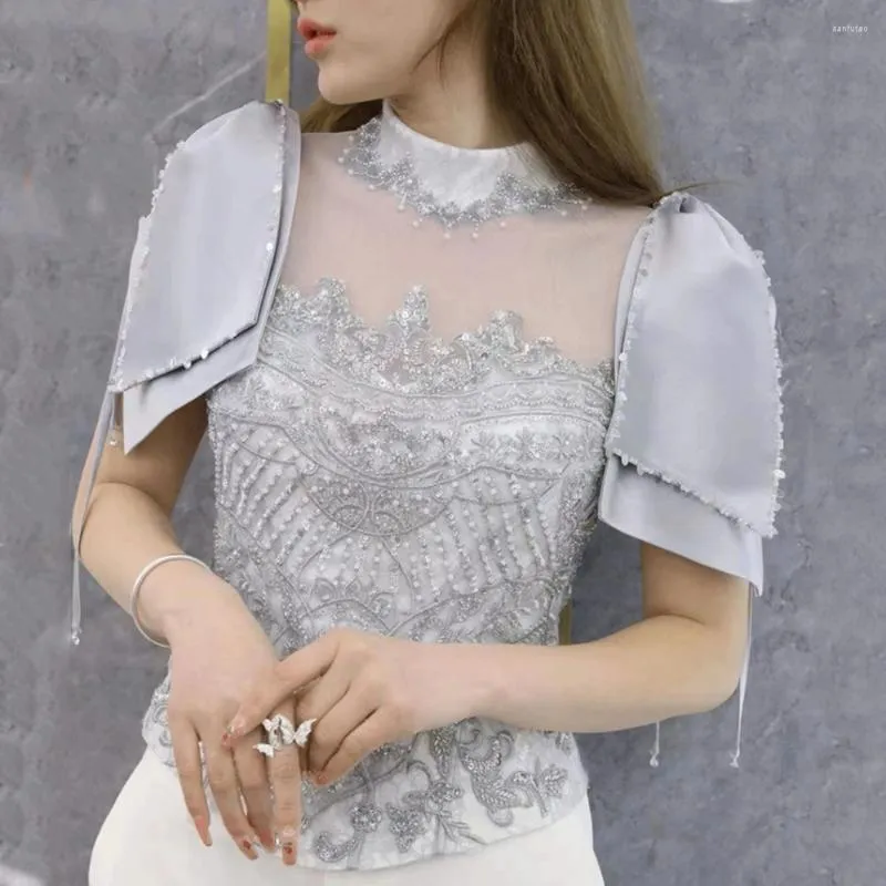 Frauen Blusen Hohe Qualität Diamanten Beadeding Shirts frauen 2023 Sommer Französisch Mode Puff Sleeve Damen Elegante Luxus Tops
