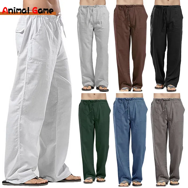 Męskie spodnie lniane szerokie mężczyźni spodnie koreańskie spodnie koreańskie podwyższona pościel uliczna męska wiosna letnie spodnie jogi swobodne mężczyźni odzież dreski 230307
