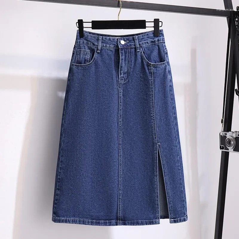 Jupes d'été en Denim pour femmes, taille haute, fendue, ligne a, jupe Midi, Streetwear, polyvalente, mode féminine