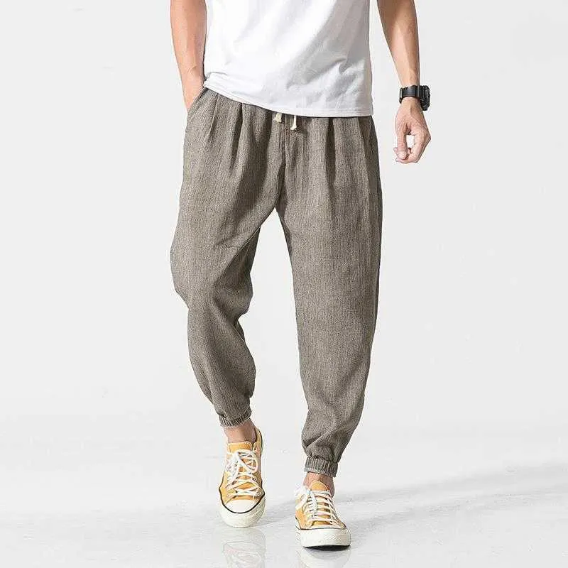 Herrbyxor 2023 sommar bomullslinne harem casual byxor män solid färg smal fit harajuku joggar mode herrkläder z0306