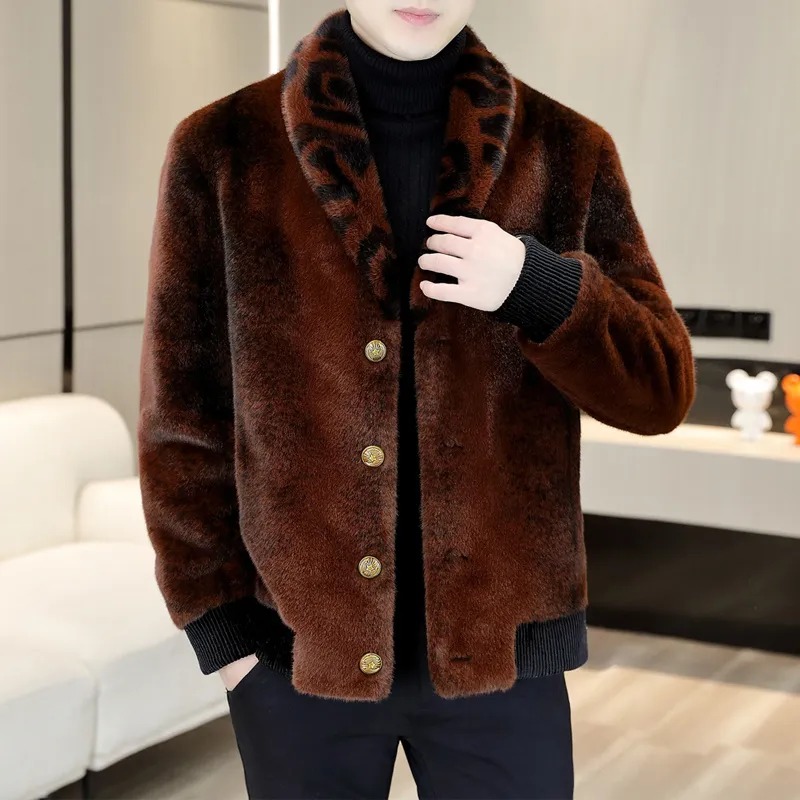 Plush Fluffy Leather Jacket Mäns överdimensionerad termisk jacka Mäns kontrast LAPEL Panel Jacket Winterificial Fur Mink Short Brown Coat S-4XL