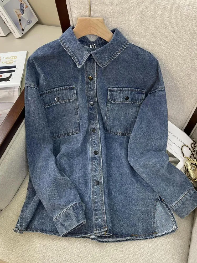 Damesblouses mode blauw denim shirt jas vrouwen lente herfst tops katoen casual los blouse pocket lange mouwen vrouwelijke shirts jas