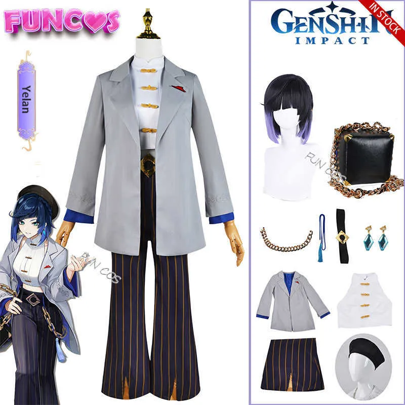 Costumes de anime Yelan colaboram -se novo cosplay de pele vêm jogos de peruca genshin impacto casaco calças de terno de cinto boina de capitão de sacola curta cabelo roxo z0301