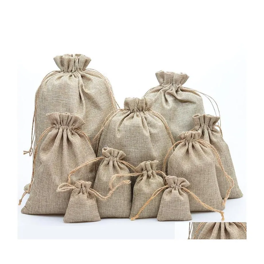 Portadores de favor da juta natural DString Bags elegante Hessian Burlap Wedding para café Candy Gift Saco de bolsa Drop Deliver