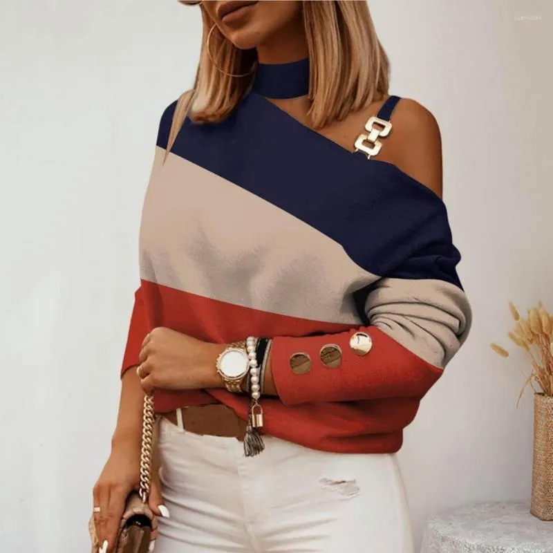 여성용 블라우스 가을과 겨울 2023 긴 소매 체인 목 줄무늬 프린트 인쇄 버튼 장식 최고 여성 어깨 풀버 블라우스