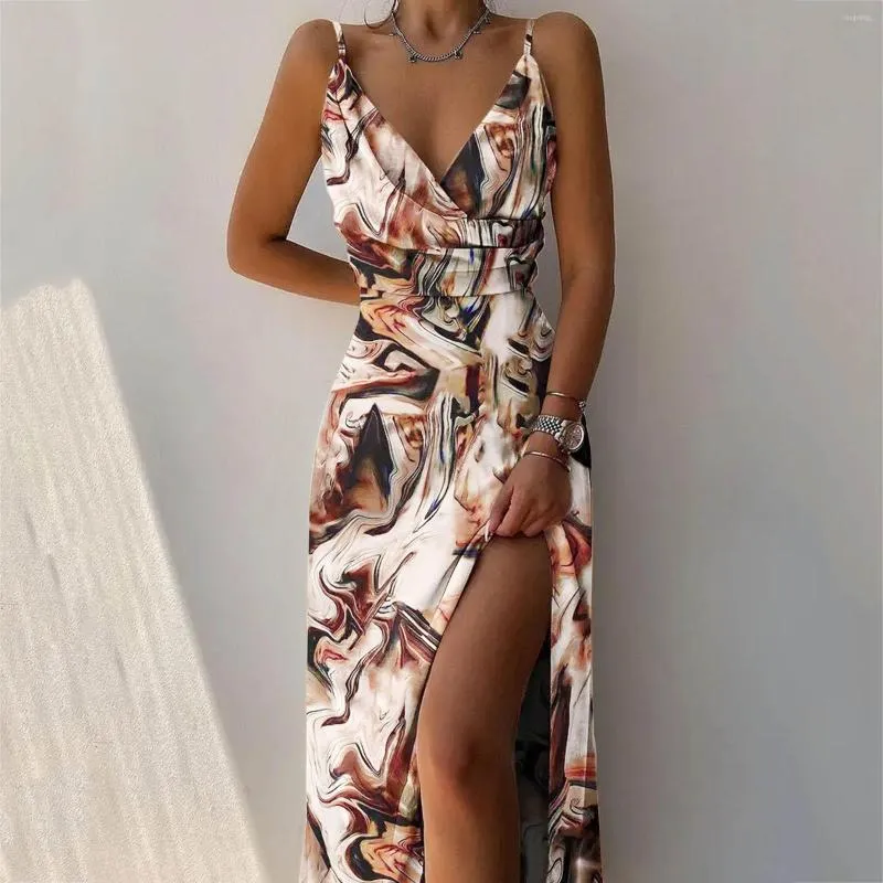 Casual Dresses Hight Split Sexig Maxi Dress Spaghetti Strap V-Neck Summer Backless Holiday Party Long Kvinna