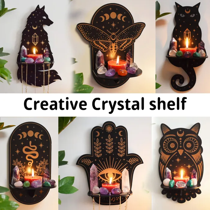 Decorative Objects Figurines Halloween Sun Moon Luna Wolf Cat Altar Crystal Shelf PVC Room Candle Stand Wall Holder Storage Rack Boho Ramadan Decor 230307