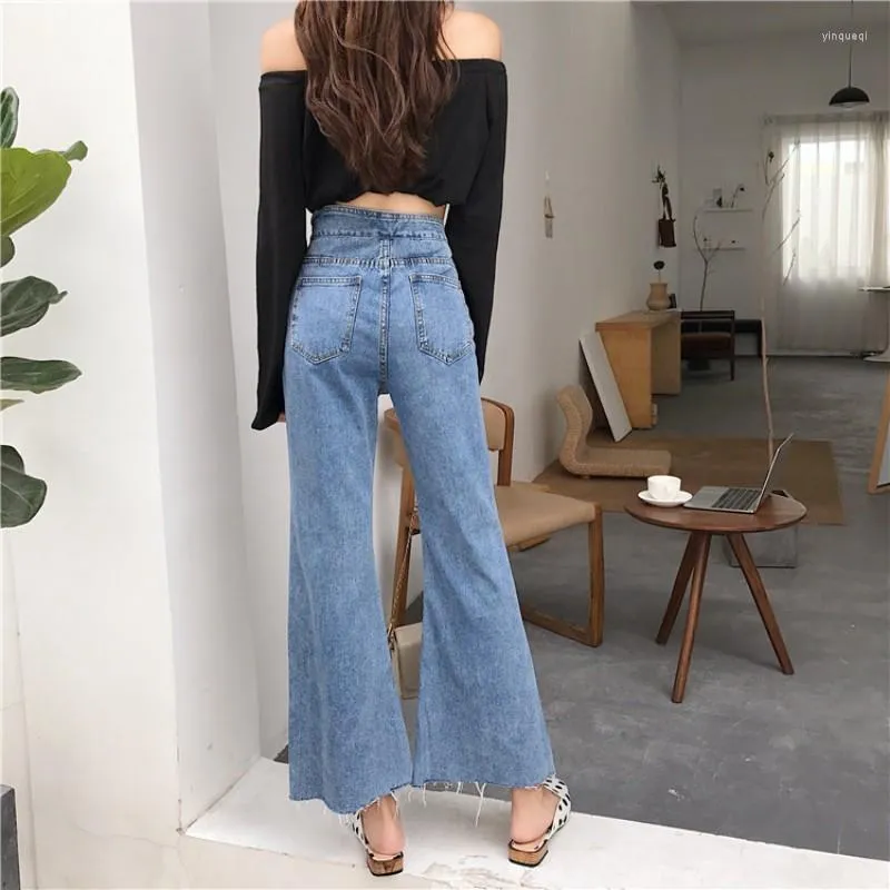 Jeans femme 2023 automne simple boutonnage bouton jambe large pantalon femmes lavé taille haute Denim Slim Fit Flare pantalon