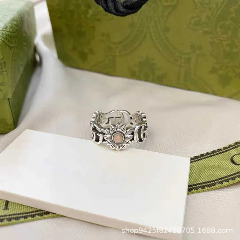 2023 Nouveaux bijoux de mode de luxe de haute qualité pour argent double fleur rose marguerite blanc turquoise vieux pétale anneau pour hommes et femmes