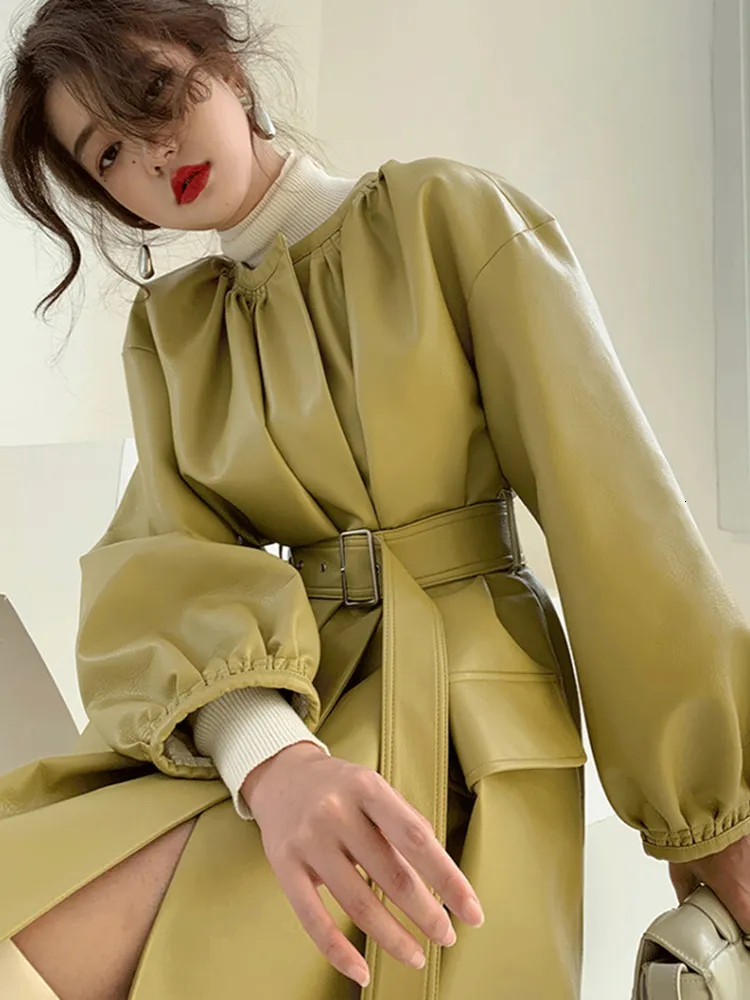 Women's Jackets KBAT 2023 PU Leather Long Jacket Korea Fashion Autumn Green Windbreaker Faux Sashes Office Lady Trench Coat Outwear 230307