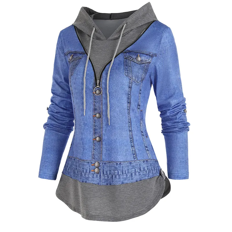 Damen-T-Shirt, lässige Jeansjacke, 3D-Druck, O-Ring, Reißverschluss, Kapuze, Faux-Twinset-T-Shirt, Damen, falsches zweiteiliges Langarm-T-Shirt 230307