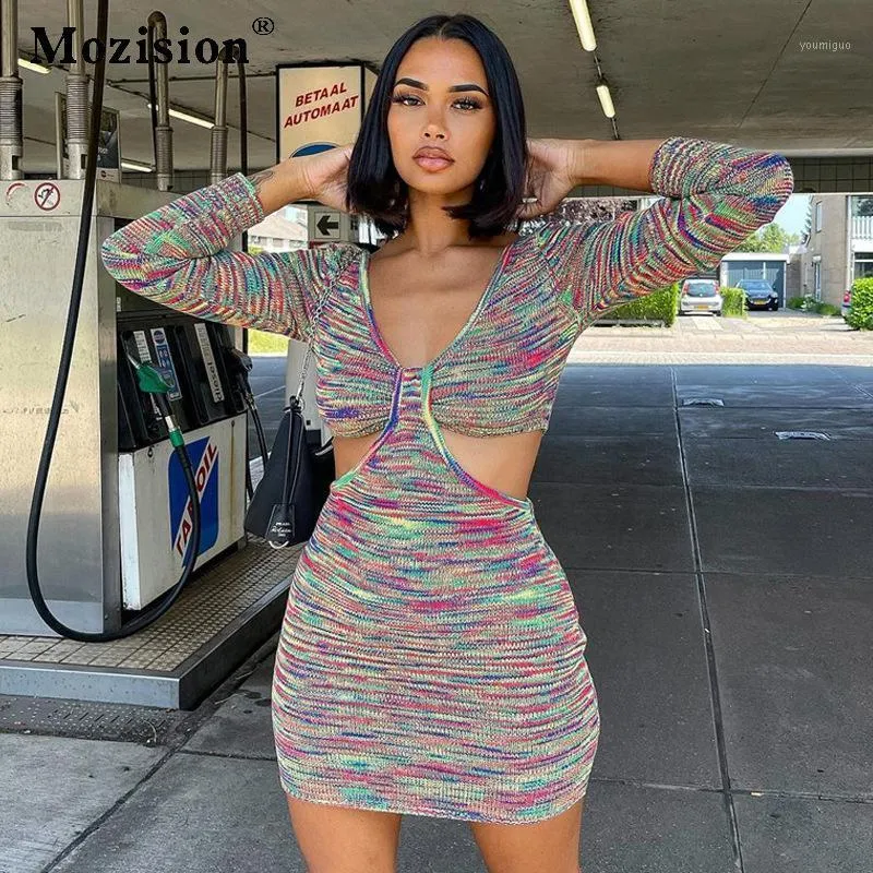 Casual Dresses Mozision Hollow Out V Neck Stripe Bodycon Mini Dress for Women 2023 Summer Streetwear Full Sleeve Male Vestidos