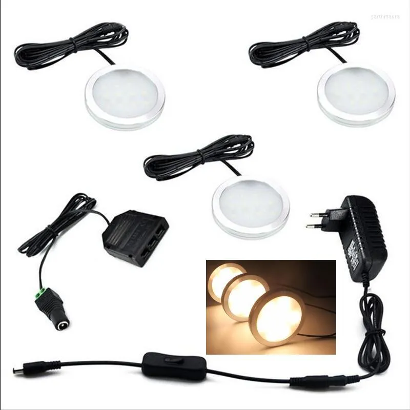 Sotto l'armadio LED Puck Lights con interruttore 3 pezzi di kit lampade Adattatore 12V US / EU / UK per illuminazione d'accento dell'armadio del bancone della cucina