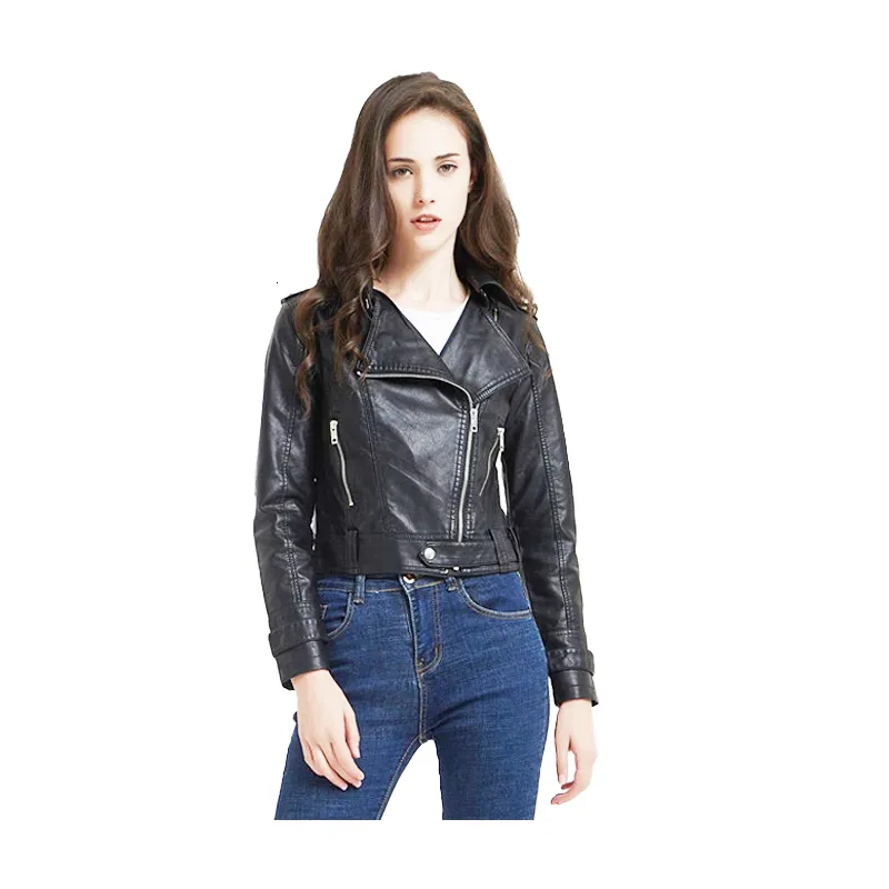 Women's Jackets Elegant Short Jacket Women Zip Pocket Fashion Leather Coat Lady Lapel Outfit Clothes Female Locomotive Style Streetwear Girl Top 230307