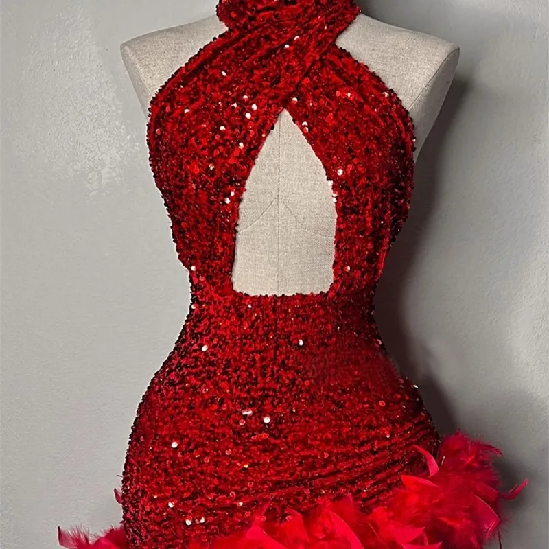 Party Dresses Angel Novias Red Sexy Mini Sequins Prom Dresses With Feather African Black Girl Cocktail Party Homecoming Graduation Dress 230307