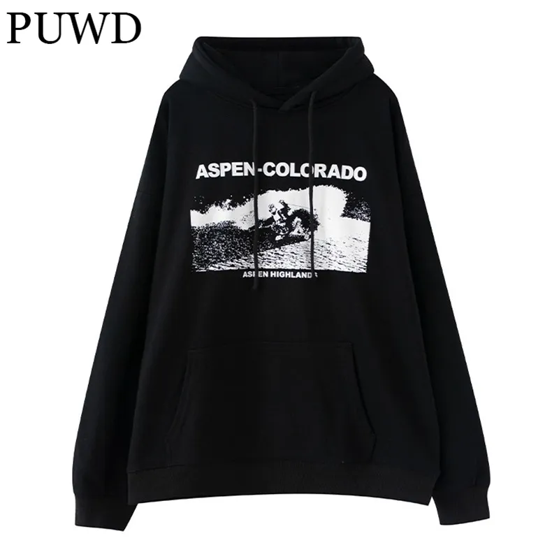 Men's Hoodies Sweatshirts PUWD Vintage Women Print Oversize Autumn Fashion Ladies Loose Streetwear Hoodie Girls Chic Hooded Sweatshirt 230306