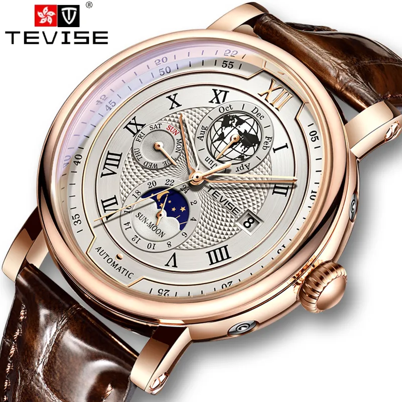 Montres-bracelets TEVISE Business étanche hommes montres mécaniques Top marque montre en cuir de luxe pour hommes phase de lune montre-bracelet automatique 230307