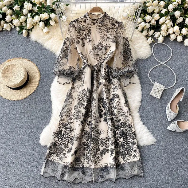 Casual Dresses Autumn Full Sleeve Mesh Maxi Dress for Women 2023 Puff Print Ladies broderi