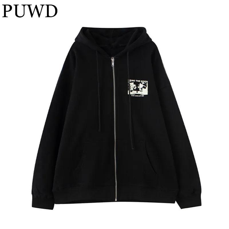 Heren Hoodies Sweatshirts PUWD Sweet Girls Print Black Oversize Autumn Fashion Ladies Loose Streetwear Hooded Cardigan Casual Women Chic Tops 230306