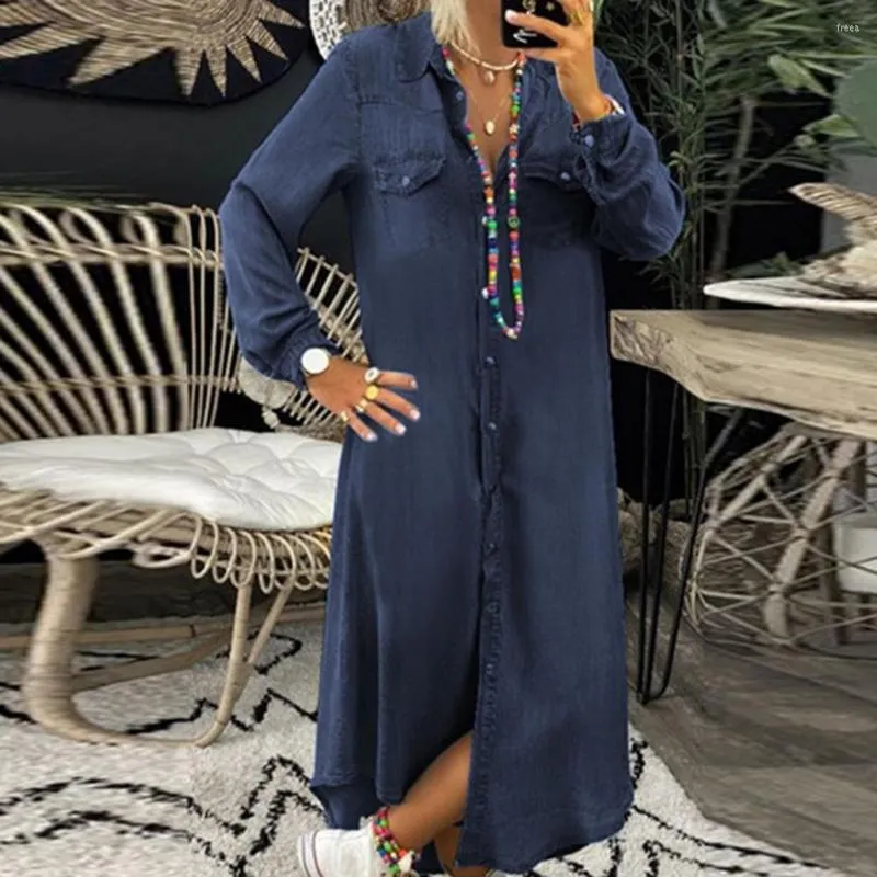 Casual Dresses Vintage Charming Pure Color Single Breasted Denim Dress Anti-Pilling Shirt Slim för semester