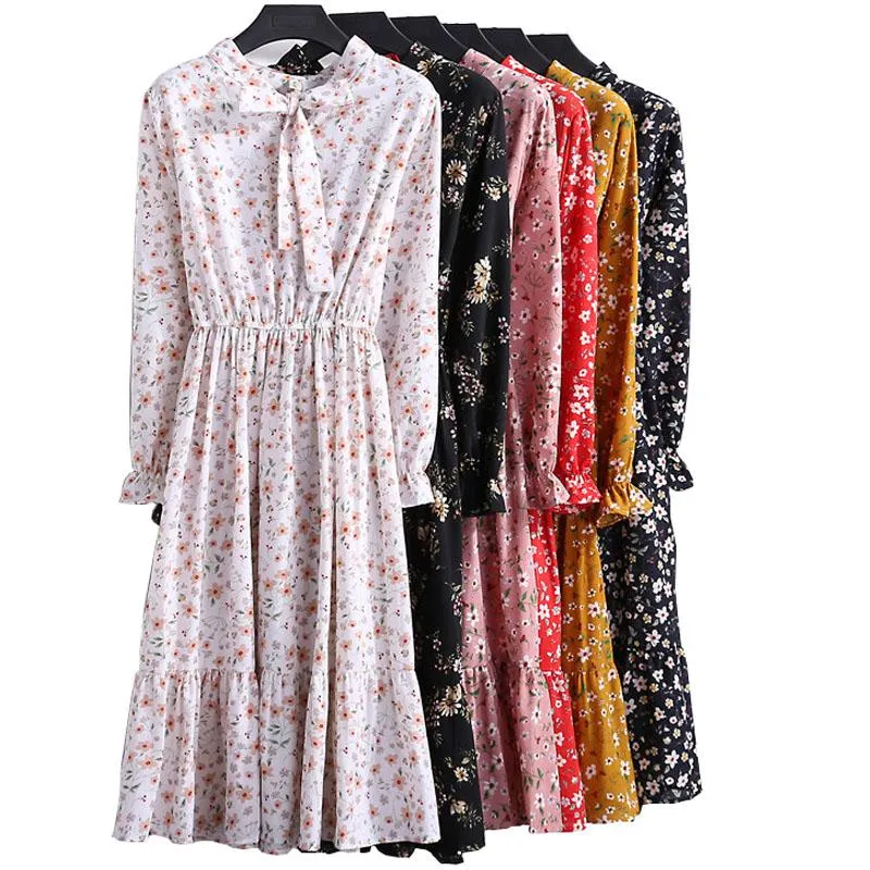 Casual Dresses Spring Autumn Elegant Floral Print Chiffon Dress 2023 Fashion Trend Bow Ladies Long Sleeve Sweet Mori Girl Vestidos