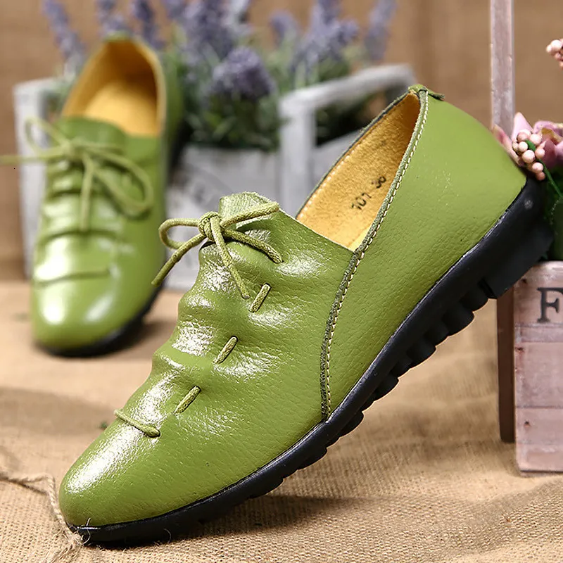 Dress Shoes Genuine Leather Women's Loafer Fashion Round Toe Lace Up Folding Flat Female Breathable Comfort Ladies Elegant Boat Shoe 230307