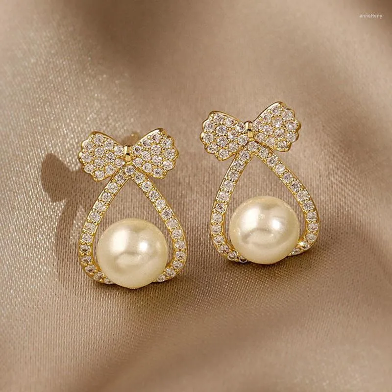 Stud Earrings Brand 2023 Exquise Women Bow Earring Pearl Accessoires Zirconia Inlay Luxury Ins Ladies Bridal