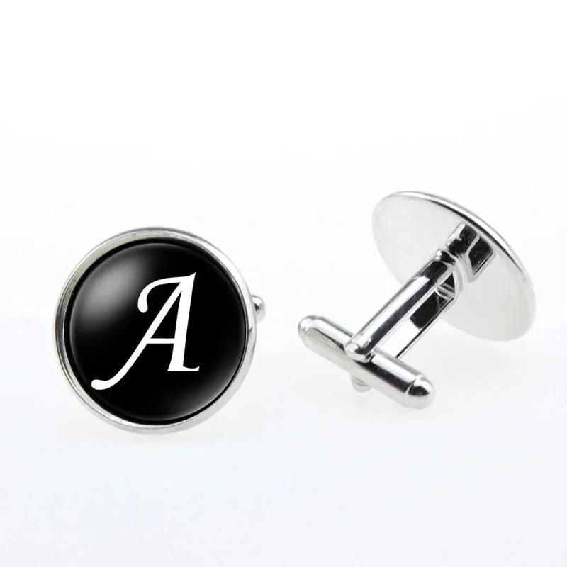 Boutons de manchette en alliage pour hommes, boutons de manchette de couleur argent et noir, lettres A-Z pour hommes, boutons de manchette de chemise pour hommes, accessoires bijoux cadeaux