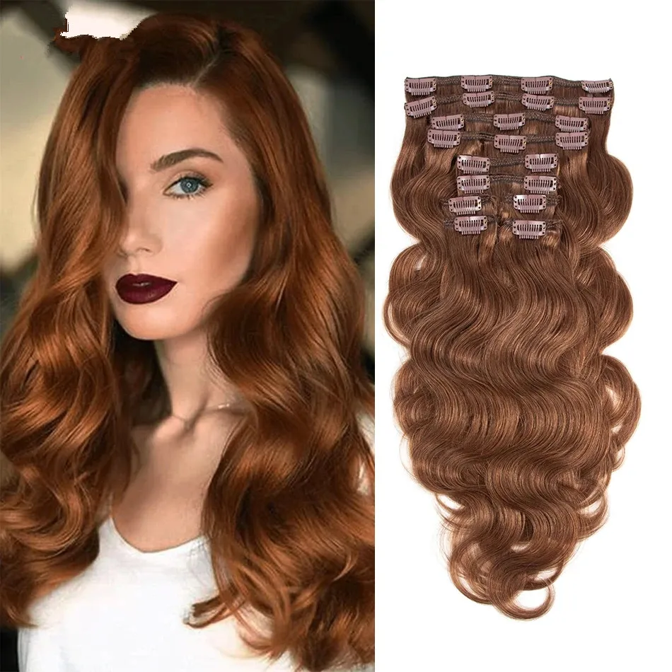 Clip per onda del corpo di colore marrone nelle estensioni dei capelli umani 100 g/set Clip su clip per capelli ondulati Real Natraul Ins Parrucchino moda rosso rame 10-24 pollici