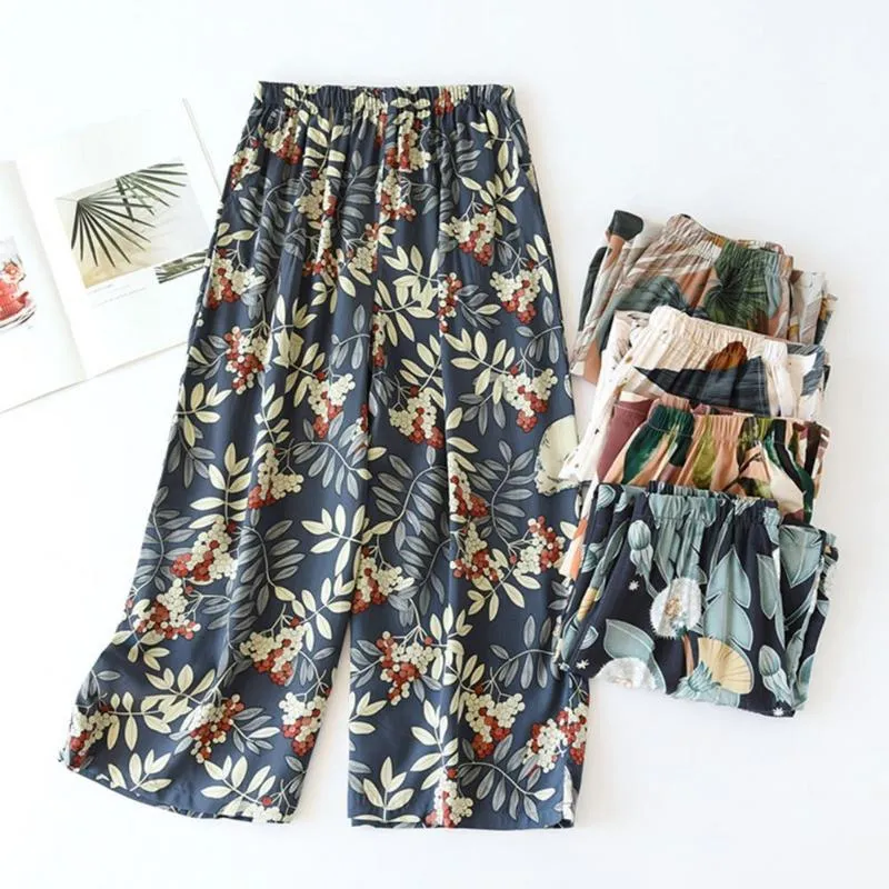 Kadın Pantolon Capris 2023 Kadın Yaz Pantolonları Geniş Bacak Çiçek Baskı Elastik Bel Düz Kırpılmış Kırpılmış Gevşek Placie Goodwear