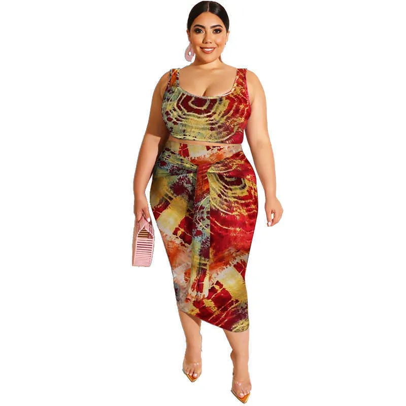 20778 women's summer new tie dye printing tight buttocks fashion casual suit large two piece suit