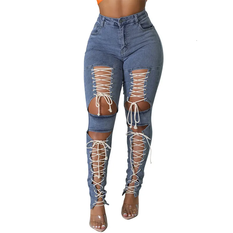Женские джинсы мода сексуальные летние брюки женская уличная одежда Hollow Out Bottoms Leyelet Lace Up Брюки Джинс 230306