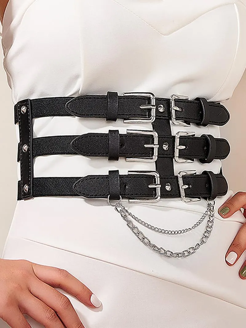 Belts Punk Style Three-row Pin Buckle Belt With Chain For Women Adult Fashion Matching Dress Elastic Wide Waist Party Streetwear