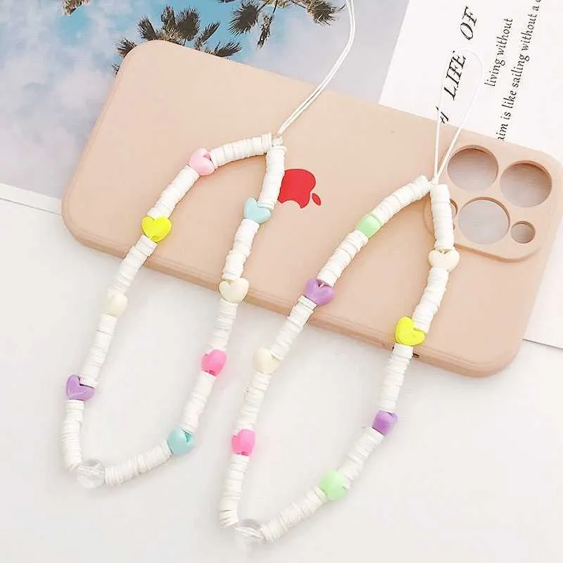 Correas para teléfono celular, dijes hechos a mano con cuentas de corazón, cordón de cadena, joyería DIY para mujeres, dije de amor, funda para teléfono móvil, correa, accesorios de arcilla de oso