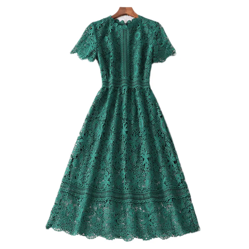 2023 Summer Green Panelled Floral Lace Dress Short Sleeve Round Neck Hollow Out Midi Casual Dresses M3M036353