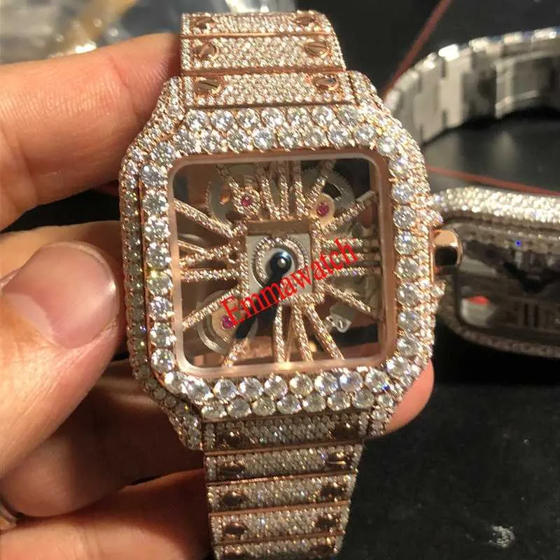 Designers Watches Rose Skeleton Moissanite Diamonds watch Gold square Watches PASS TEST Quartz movement Mens Luxury Full Iced Out Sapphire Watches with