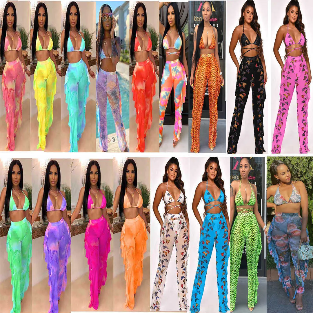 2023 Women Tracksuits 2 Two Piece Mesh Bikini Beach Set Sexy Swimwear Tie Dye Printed V Neck Backless Wear Bandage Swimsuits Wholesale Pleated Pants