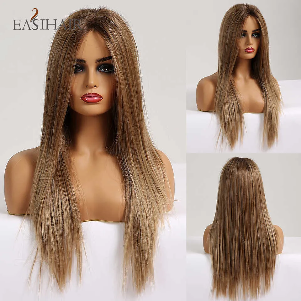 Perruques synthétiques easihair long silky raide brun blond t partie perruques en dentelle avec les cheveux de bébé synthétique résistante à la chaleur haute densité pour les femmes 230227