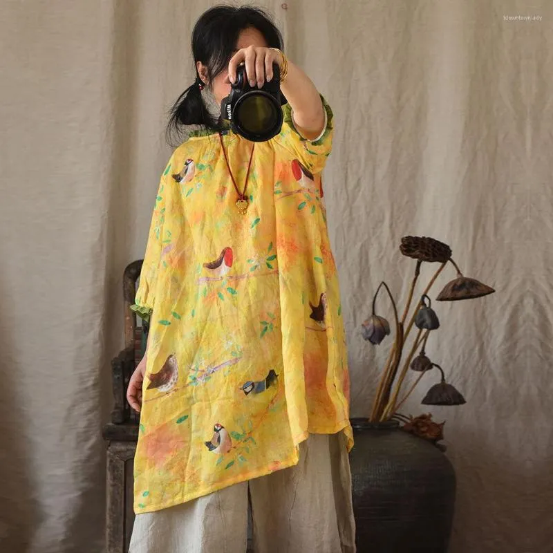 Kvinnors blusar Kvinnor Lossa tryckt Ramie Long Blus Shirt Topps Damer Vintage Print kvinnlig kinesisk stil