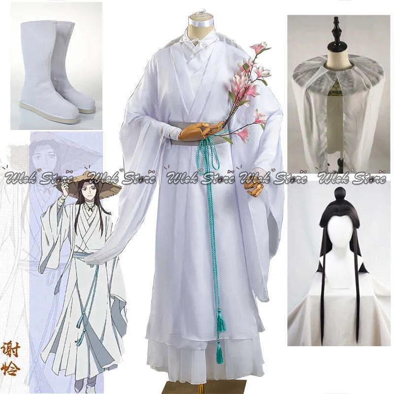 Anime kostuums tian guan ci fu xie lian cosplay komen pruiken bamboe hoed prop witte hanfu outfit Halloween doek hemel officieel's zegening hoed z0301