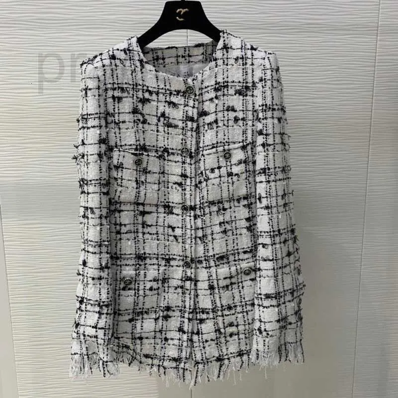 Women's Wool & Blends designer Early spring new style small fragrance temperament soft tweed woven fringe plaid comfortable versatile round neck suit coat 6W74 JZF7